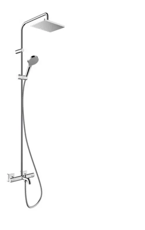 Hansgrohe Duschsystem mit Kopf- und Handbrause, montiert an einer Wand, aus verchromtem Metall mit integrierter Thermostat-Funktion.